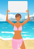 girl in bikini with banner on the beach