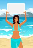 girl in bikini with banner on the beach