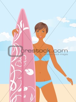 girl with surfboard in her hand, isolated