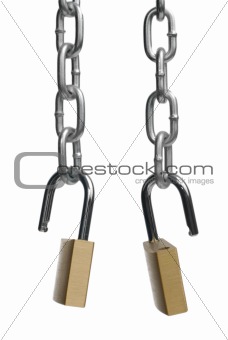 Two open padlock and chain 