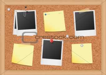 Vector illustration of a cork bulletin board with notes and photos.