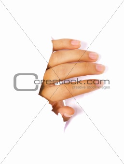 Hand coming out from cracked white wall