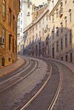 Street with tramway rails in Lisbon, Portugal