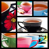 Collage of teacups in different colors on white background