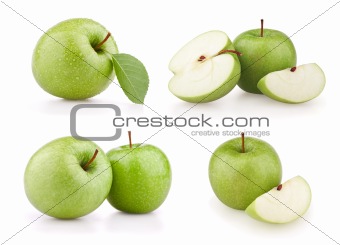 Set green apple fruits isolated on white