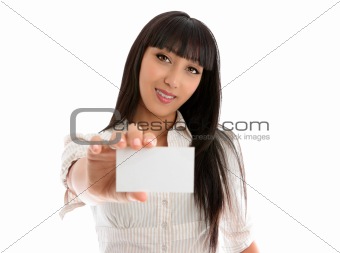 Girl holding club card, business card or other