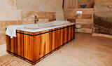 wood panel bathroon setting centre taps