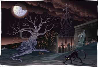 Black cat and cemetery in the night.