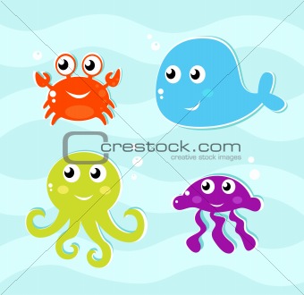 Cute water animals icons collection isolated on water surface
