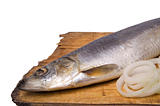 Herring with onion rings on old wooden board