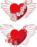 red hearts with floral ornament and wings
