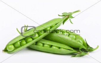 Fresh green pea pod and peas on white background