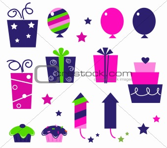 Birthday party icons and elements isolated on white - pink, blue
