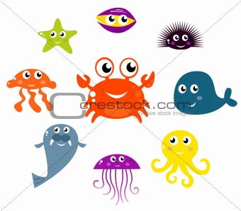 Sea creatures and animals vector icons isolated on white
