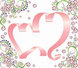 Two ribbon hearts with floral background.