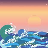 Sunset and sea waves in japanese style.