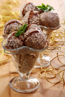 Peppermint ice cream with chocolate sauce and mint in a vertical