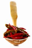 Pickled hot chili peppers in a wooden spoon.