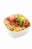 Pasta with italian sausage meat sauce on white background