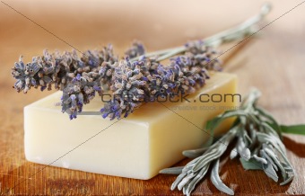 Sprigs of lavender on a piece of soap. 