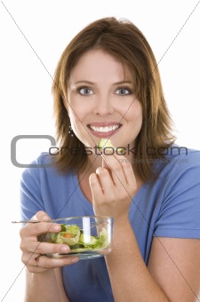 casual woman eating salad