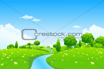 Green Landscape with river trees and flowers