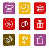Shopping, commercial and sale doodle retro icons isolated on whi