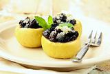 dessert of baked apple with raisins and sugar