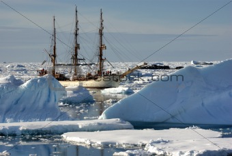 Sailing ship among the icebergs