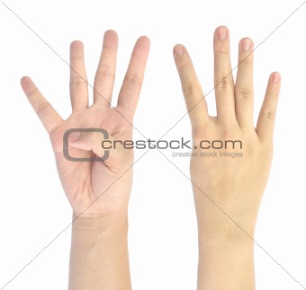 showing number four of woman hand isolated on white background