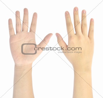 showing number five of woman hand isolated on white background