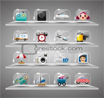 Cute travel icons collection,Transparent glass button