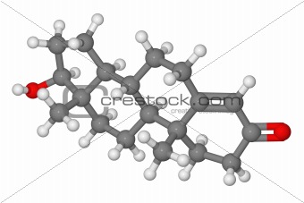 Ball and stick model of testosterone molecule (male sex hormone)