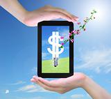 light bulb model of a dollar symbol and pink flower on tablet PC in women hand