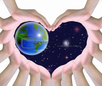 the world in humen hands making a symbol of love