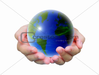world and women hand on white background