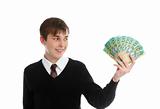 Happy student or young worker holding cash