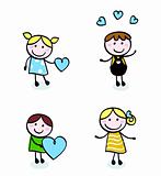 Doodle retro stitch kids with love icons isolated on white
