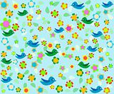 Romantic floral background with cartoon birds