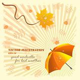 Umbrella and maple leaf with drops, vector illustration