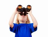 boy with long blond hair in blue top looking through binoculars - isolated on white