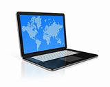 black Laptop computer isolated on white with worldmap on screen