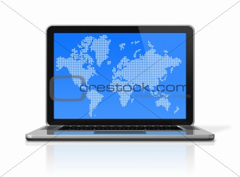 black Laptop computer isolated on white with worldmap on screen