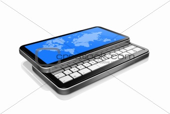 3D mobile phone, pda isolated on white with worldmap on screen