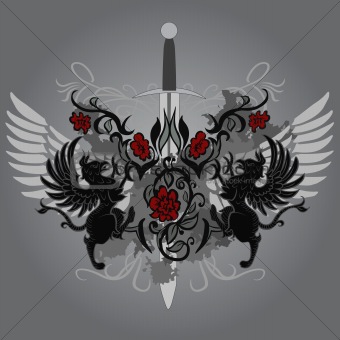 Fantasy design with gryphon and roses on black background