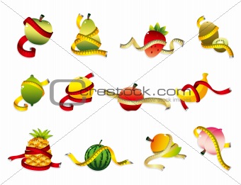 set of fresh fruit and ruler health icon