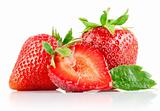 set strawberry berry with cut and green leaf