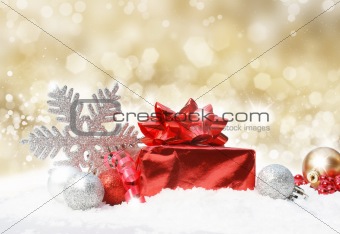 Christmas decorations on gold glittery background