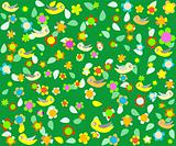 cartoon birds on green background with flower decor