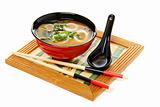  Miso soup with green onion on white background. 